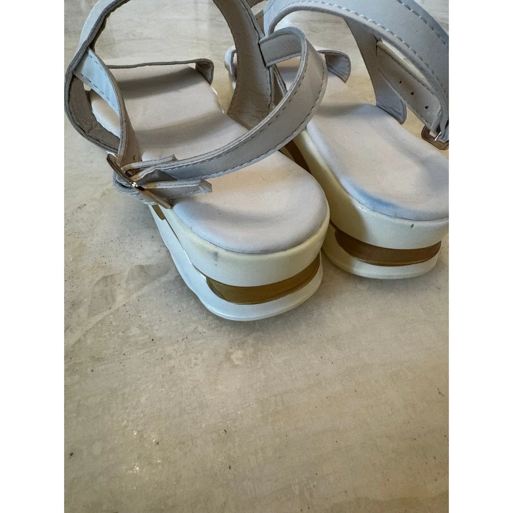 White Platform Slingback Sandals Gold Accent Double Strap Size 39